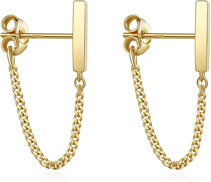S.Leaf Chain Earrings Sterling Silver Stud Earrings Bar with Chain Dangle Earrings Gold Earrings ... | Amazon (US)