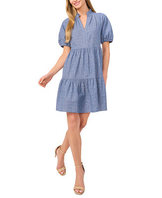 Women's Cotton V-Neck Puff-Sleeve Tiered Dress | Macy's