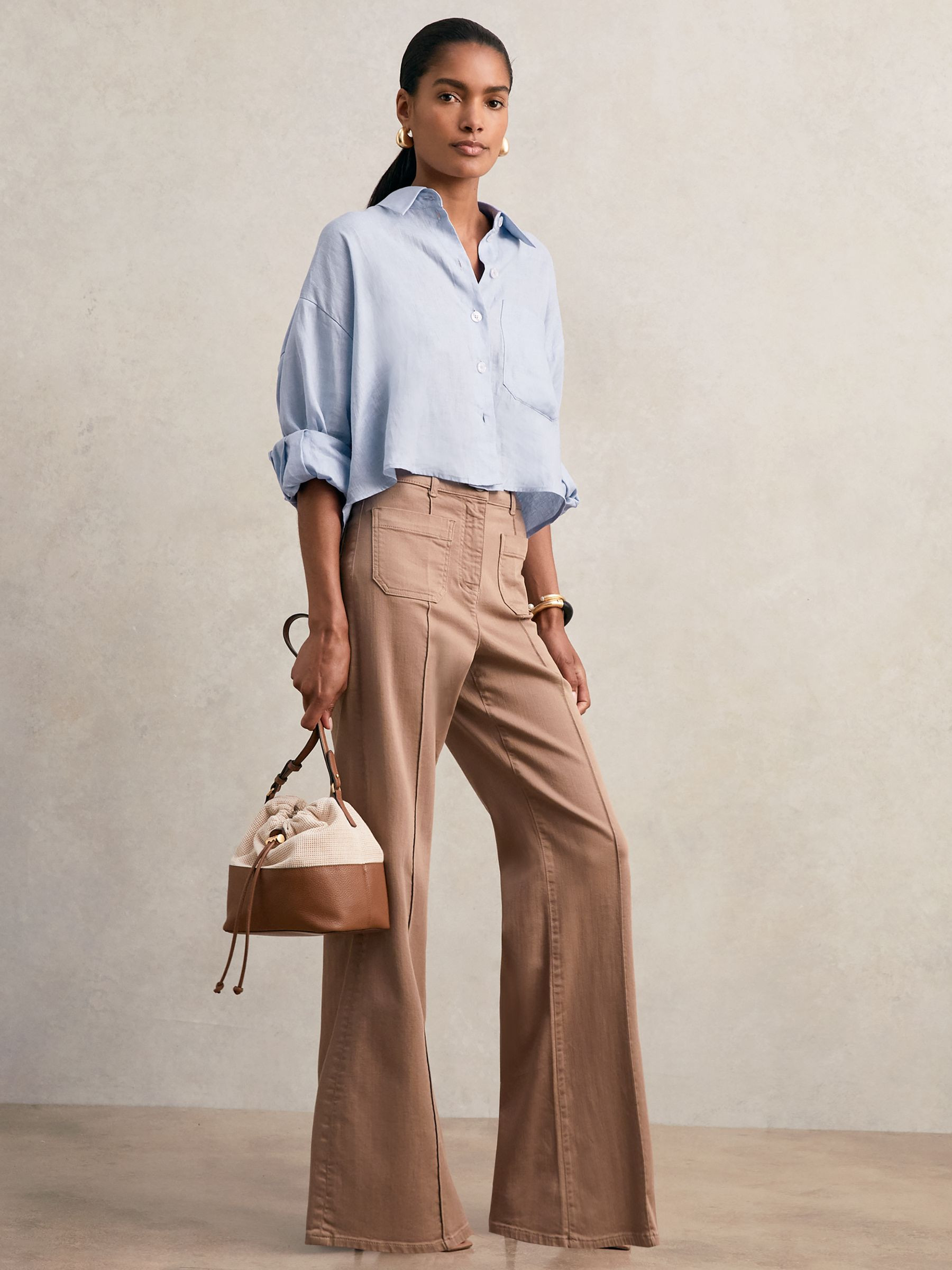 Reiss Oversize Linen Cropped Shirt in Blue | REISS | Reiss US