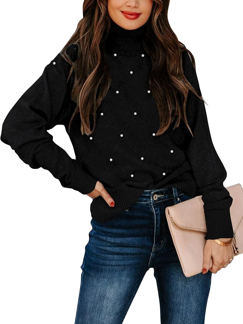 Blooming Jelly Womens Turtleneck Sweater Chunky Pearl Pullover Sweaters Cozy Long Sleeve Argyle K... | Amazon (US)