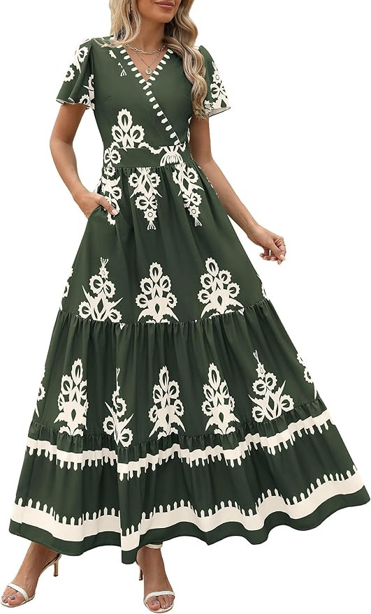 PRETTYGARDEN Womens 2025 Summer Casual V Neck Boho Maxi Dress Flowy Aline Bell Sleeve Tiered Flor... | Amazon (US)