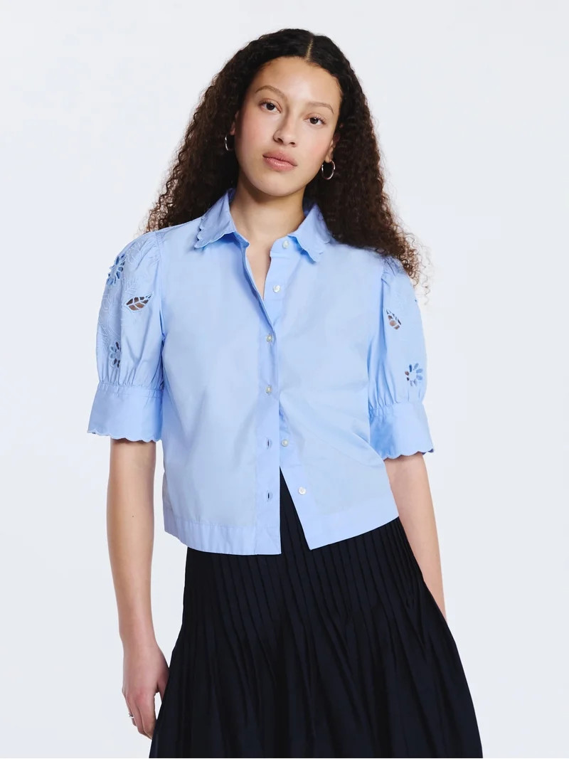 Free Assembly Women's Cotton Eyelet Button Front Shirt with Short Sleeves, Sizes XS-XXL | Walmart (US)