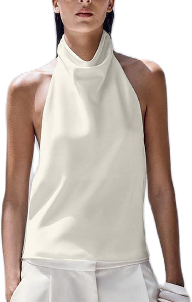 Women Halter Backless Tank Tops Cute High Mock Neck Cami Sexy Open Back Camisole Silk Satin Going... | Amazon (US)