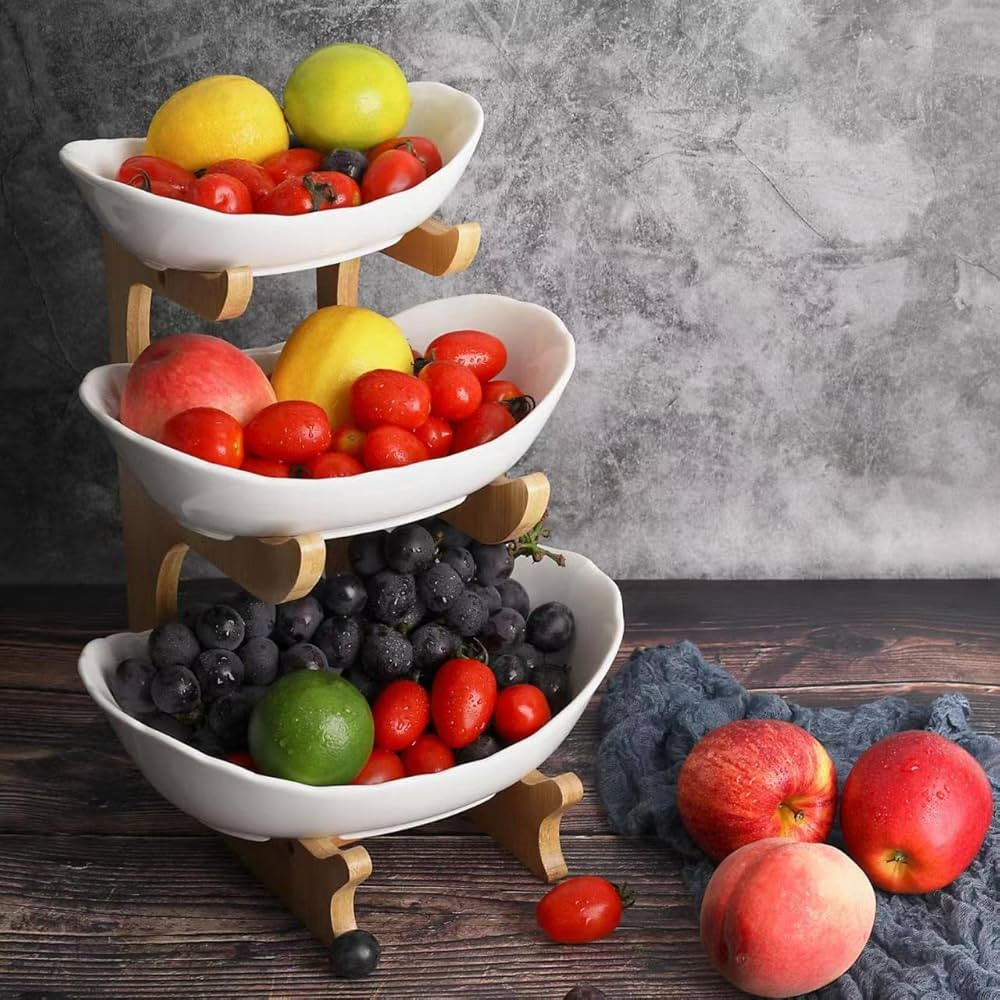SEVEN SPARTA Fruit Bowl for Kitchen Counter - 3 Tier Ceramic Serving Bowls with Bamboo Stand, Tie... | Amazon (US)