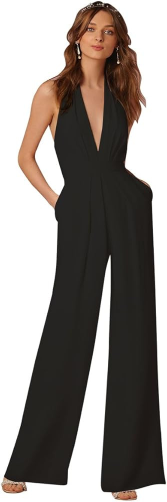 IWEMEK Women Sexy Deep V Neck Halter Wide Leg Jumpsuit Sleeveless High Waist Loose Long Romper Pa... | Amazon (US)