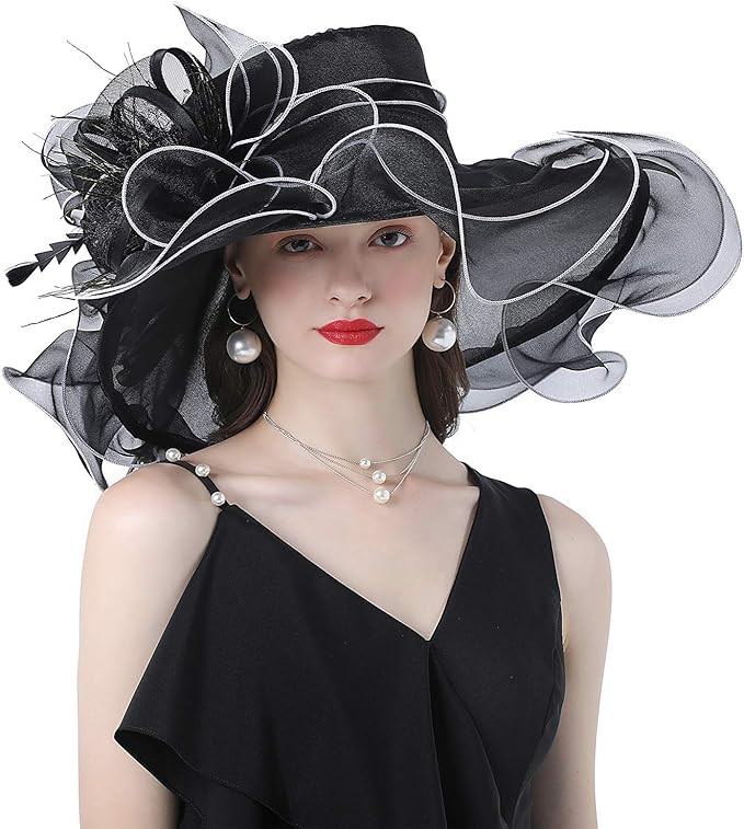 Z&X Women Organza Church Derby Hat Wide Brim Sun Hats for Wedding Tea Party Fascinator Hat, Dual-... | Amazon (US)