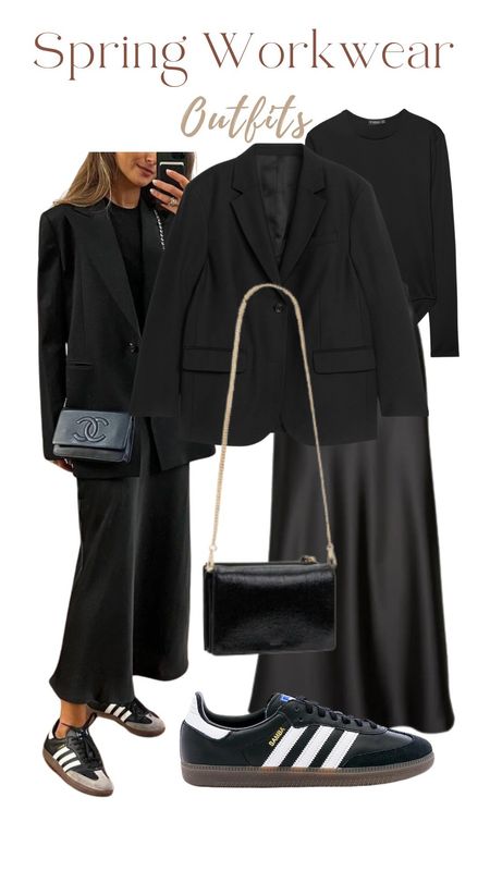 Spring work wear, black blazer, black bodysuit, black satin skirt, black bag, spring outfit 

#LTKfindsunder50 #LTKstyletip #LTKworkwear