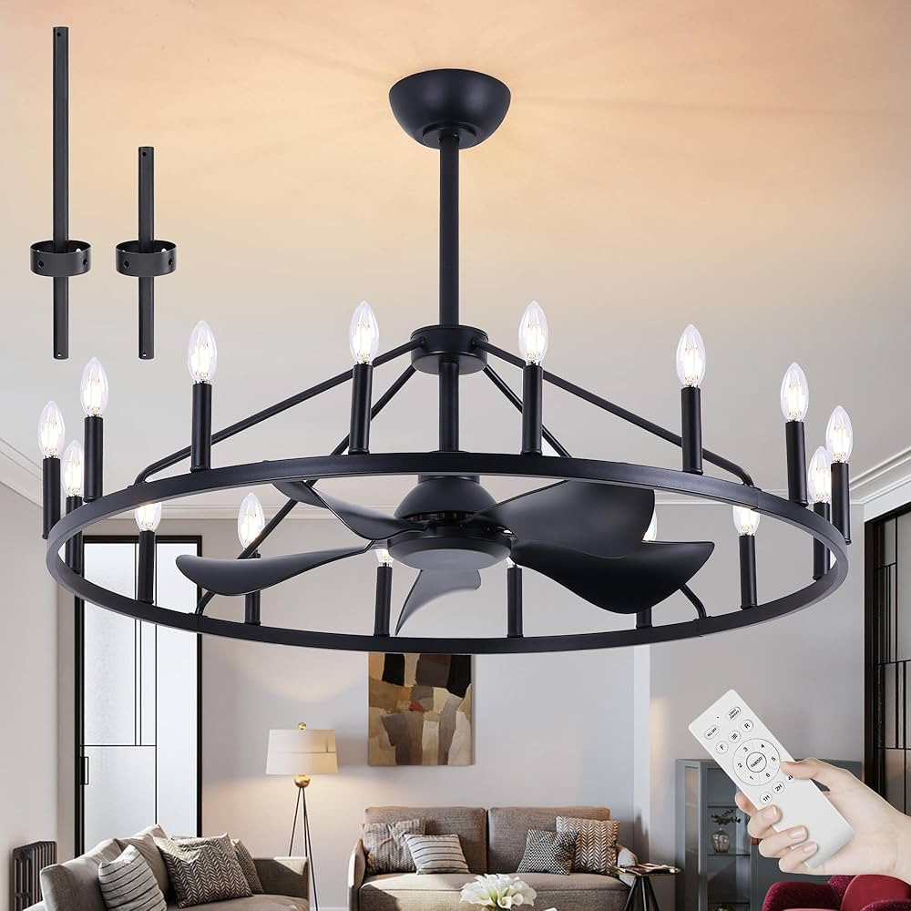 44'' Chandelier Ceiling Fan with Light Wagon Wheel, Farmhouse Fandelier Dining Room Light Fixture... | Amazon (US)