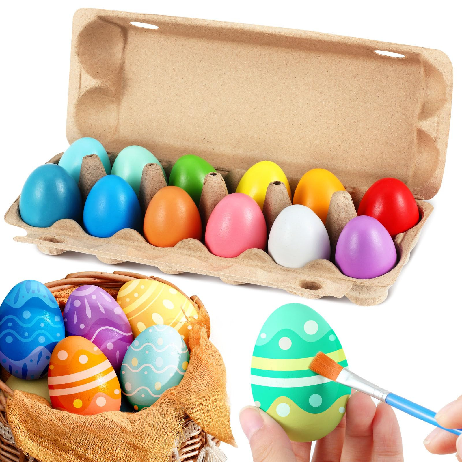 MiniInflat 12 Pcs Easter Wooden Eggs Fake Eggs Colorful Easter Eggs Wooden Colored Eggs Wooden Cr... | Amazon (US)