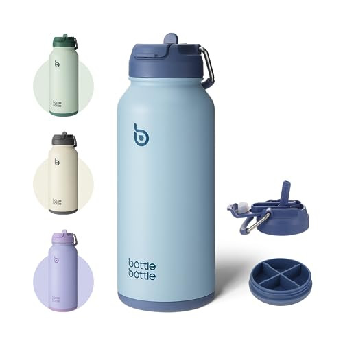BOTTLE BOTTLE 32oz Insulated Water Bottle Stainless Steel Sport Water Bottle with Straw Dual-use Lid Design for Gym with Pill Box (blue) | Amazon (US)