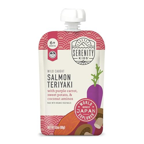 Serenity Kids 6+ Months Baby Food Puree Pouch - 5g Protein Snack - Organic Baby Food Pouch with No Added Sugar - On-the-Go Toddler Snack - Salmon Teriyaki, 3.5 Oz, Pack of 6 | Amazon (US)