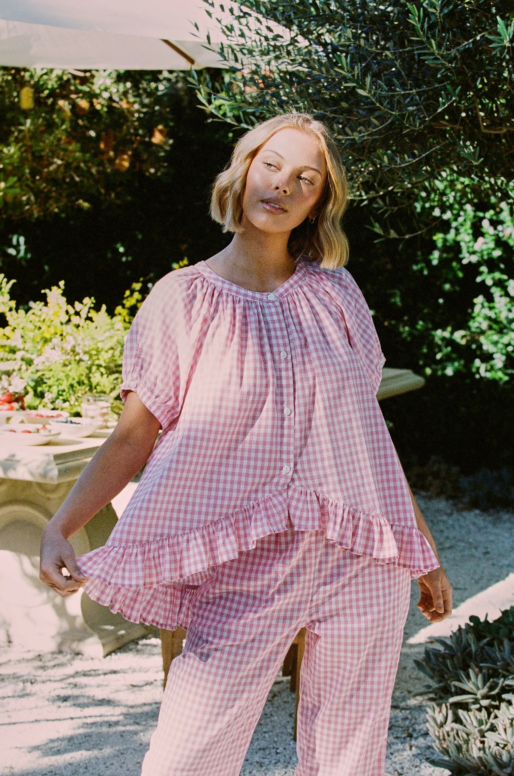 Sophie Sleep Set - Pants - Cotton - Gingham Berry | Piyama US