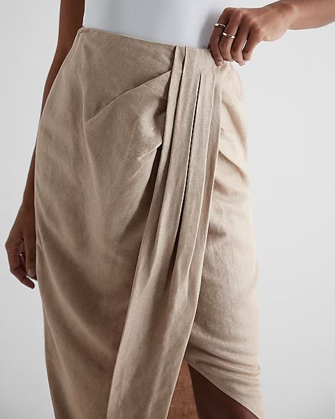 Super High Waisted Linen-Blend Shine Draped Midi Skirt | Express
