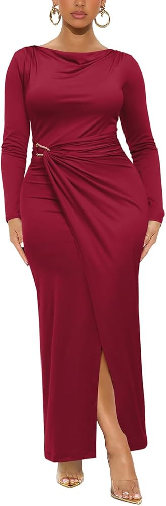 Ekaliy Women's Elegant Bodycon Maxi Dress Long Sleeve Party Cocktail Wedding Guest Dress | Amazon (US)