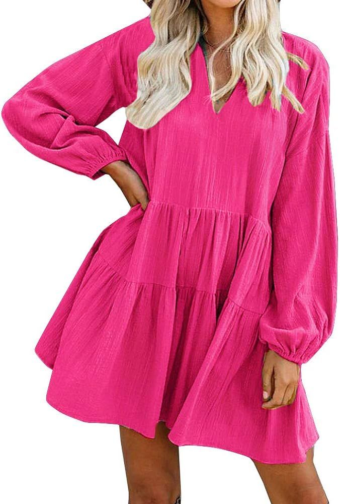 FANCYINN Long Sleeve Shift Tunic Dress Ruffle Swing Babydoll Juniors Mini Ruffle Dress with Pockets | Amazon (US)