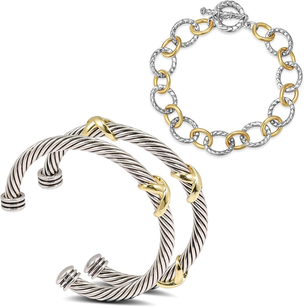 3 Pcs Cuff Bracelet for Women Cable Wire Bracelet - Two Tone Twisted Bangle Bracelet Stackable - ... | Amazon (US)