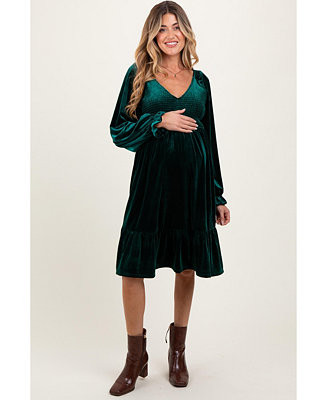 Maternity Forest Green Velvet Smocked Long Sleeve Dress | Macy's