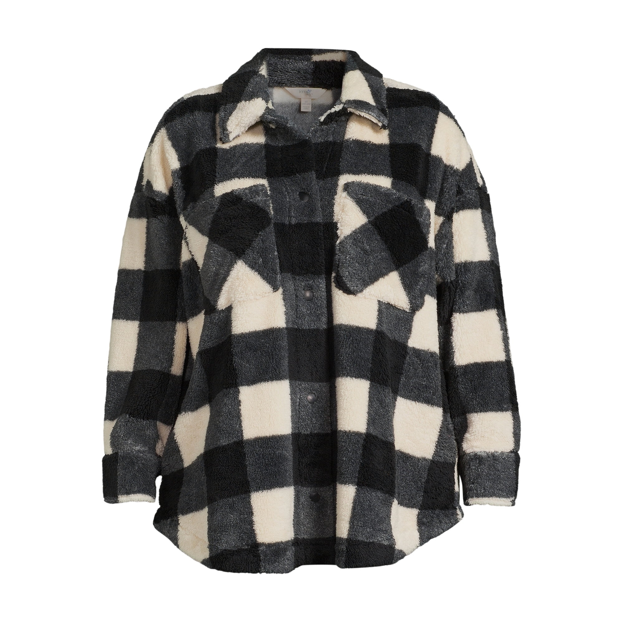 Terra & Sky Women's Plus Size Snap Front Faux Sherpa Shacket | Walmart (US)