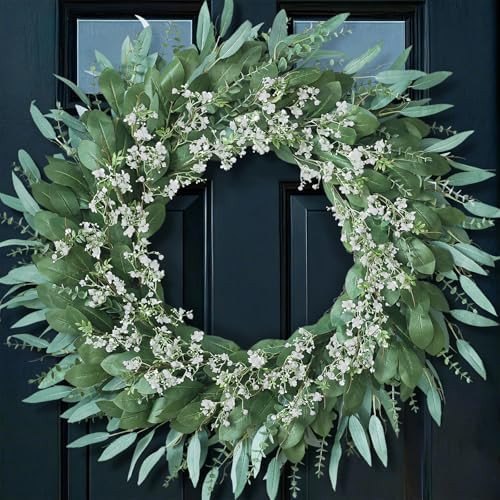 32'' Eucalyptus and Babys Breath Flowers Wreath for Front Door - Large Artificial Greenery Outdoo... | Amazon (US)