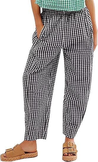 Ogfao Women's Plaid Pant Gingham Lounge Pants Wide Leg Mid Rise Elastic Waist Checkered Long Trou... | Amazon (US)