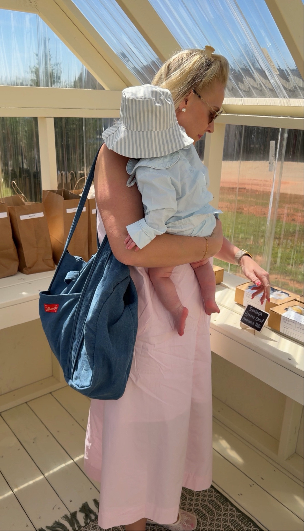 Love this pink linen dress. Simple, comfortable but looks so put together. Perfect for a day at the farmers market. 

This striped bucket hat kept the sun off of my baby and looked cute doing so! 

I found a similar denim tote bag too!
Fun day at the farm stands 🫶🏻

#LTKKids #LTKSpringSale #LTKBaby