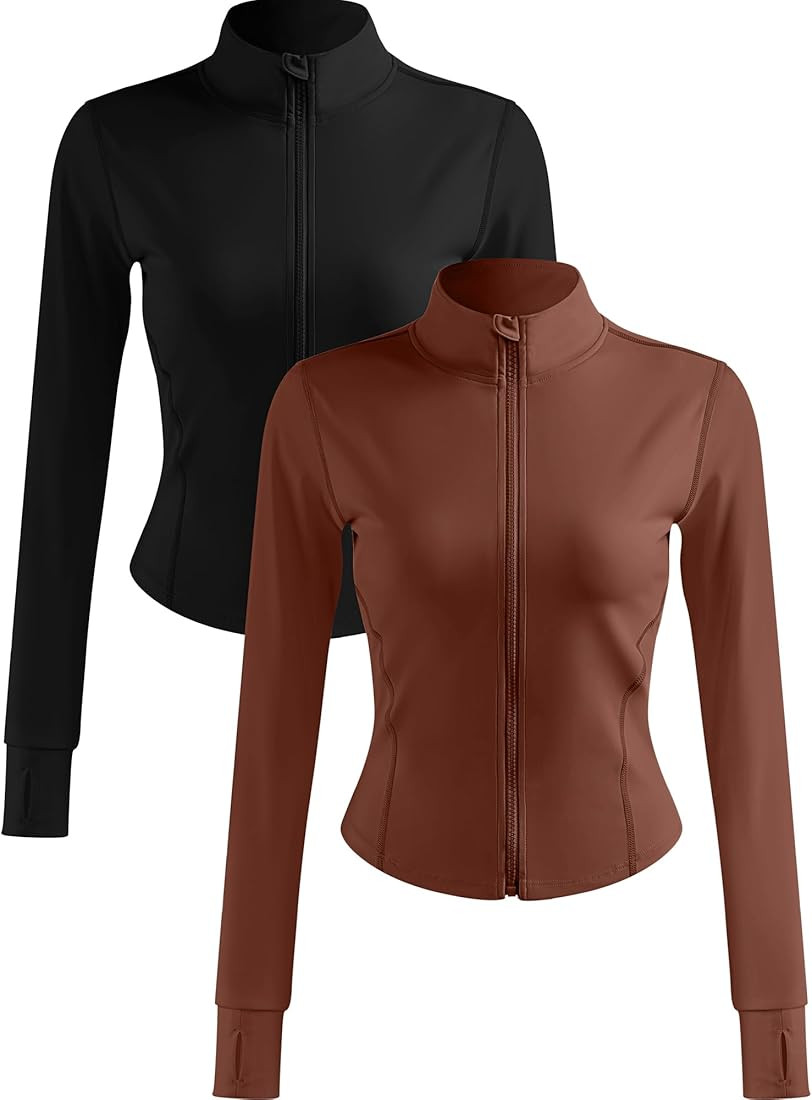 Locoowai 2 Pack Women's Workout Jackets, Long Sleeve Workout Tops with Thumb Holes, Full Zip Ligh... | Amazon (US)