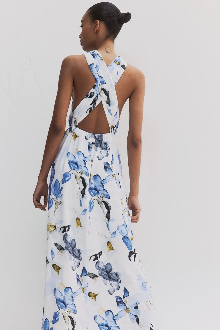 Open-back Dress - White/blue floral - Ladies | H&M US | H&M (US + CA)