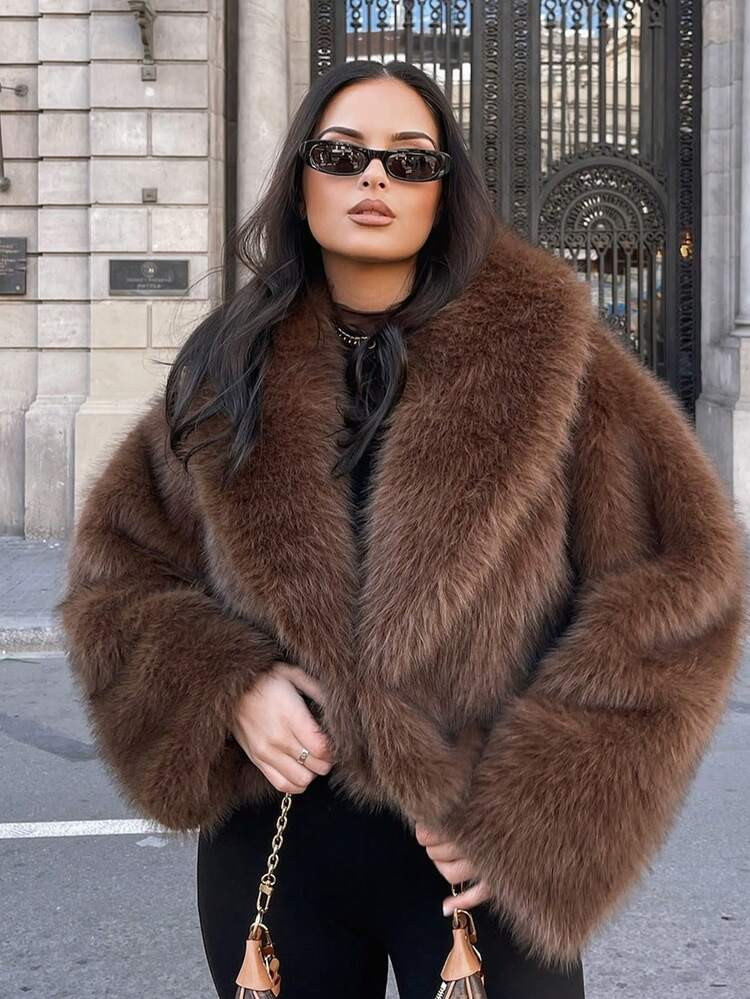 MUMRAP Women Fashion Winter Solid Thick Warm Faux Fur Coat Turndown Collar Long Sleeve Outerwear | SHEIN