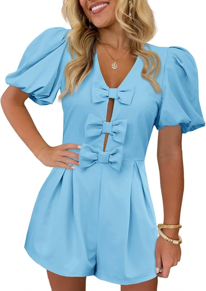 Cicy Bell Womens Cute Rompers Bow Front Puff Sleeve V Neck Short Jumpsuits Sexy Summer Outfits wi... | Amazon (US)