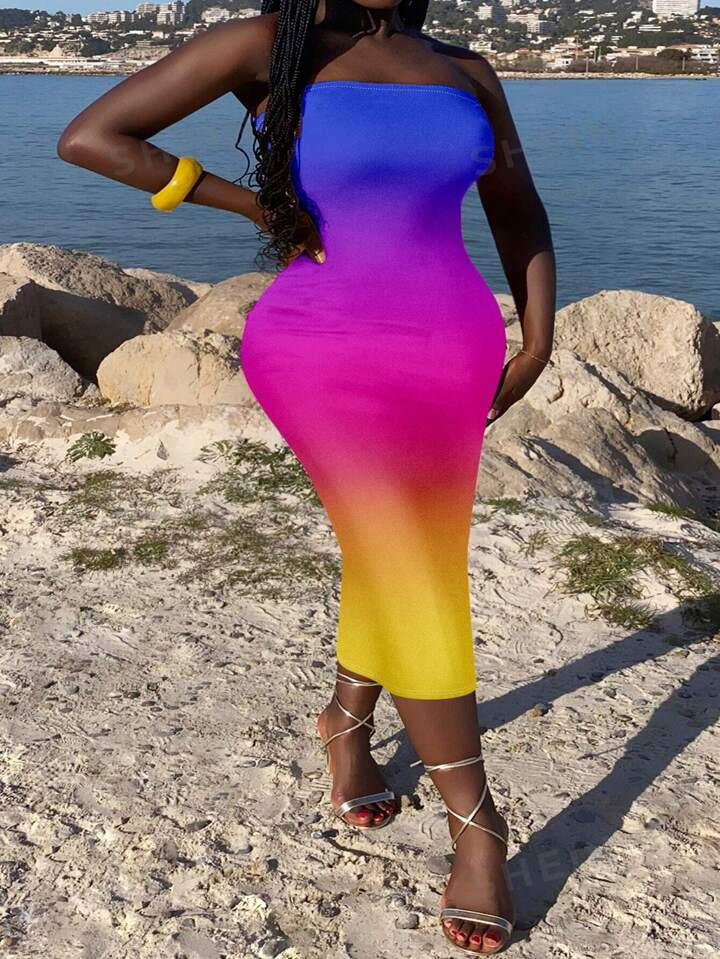 SHEIN Slayr Gradient Color Strapless Casual Bodycon Dress Plus Size Women's Summer Outfit | SHEIN