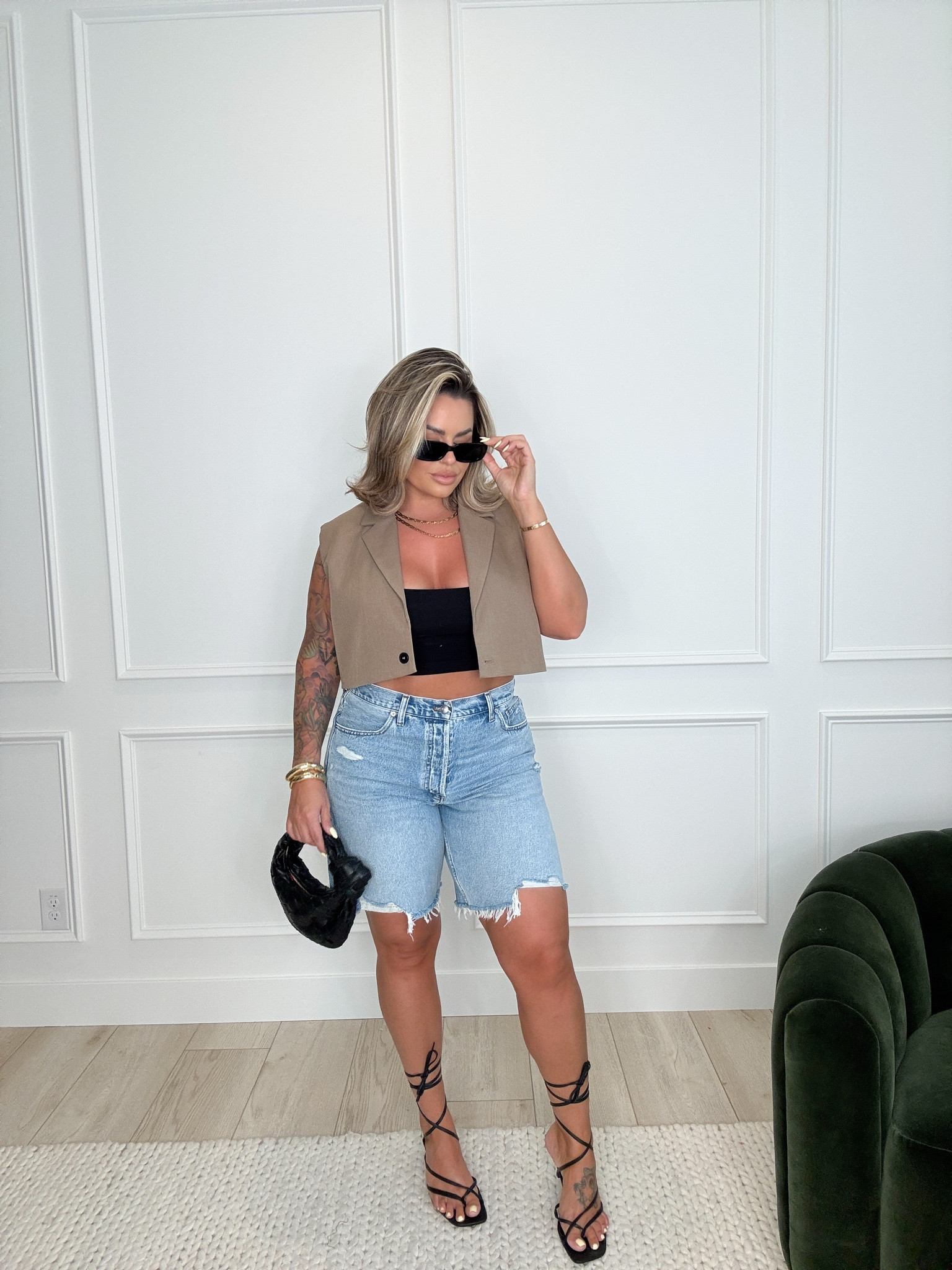 Vest L 
Tank M/L 
Shorts 31 
Heels linked similar 
#jorts #vest #madewell #blazer #crop #heels #midsize 

#LTKFindsUnder50 #LTKFindsUnder100 #LTKMidsize