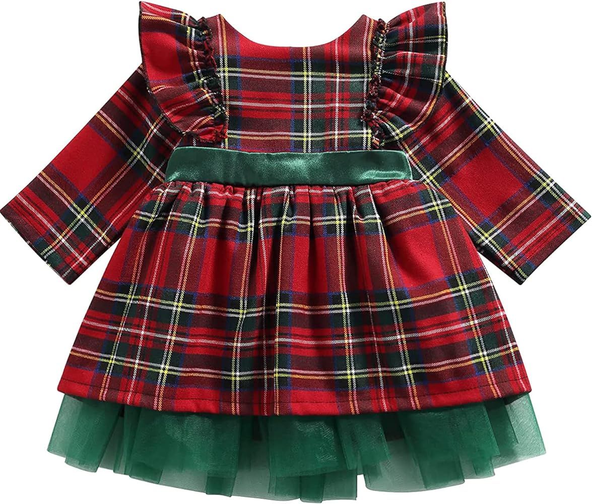 Toddler Baby Girls Christmas Dress Plaid Fly Sleeve Round Neck Mesh Patchwork Party Princess Dresses | Amazon (US)