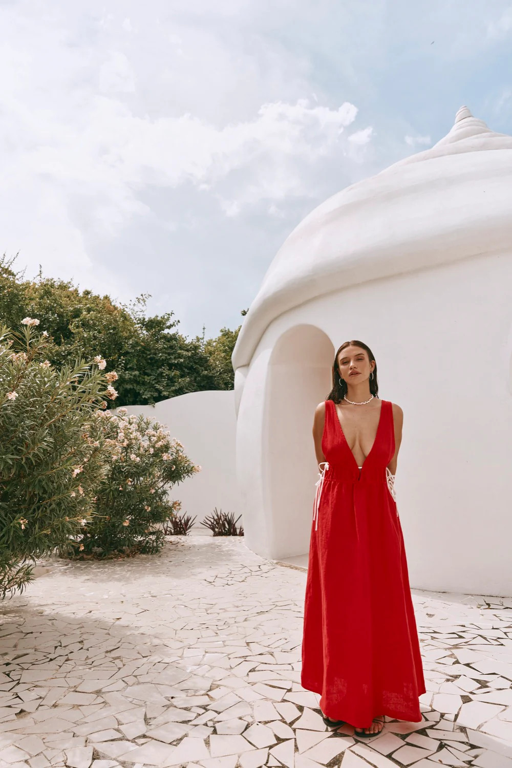 Paros Palms Linen Midi Dress Red | VRG Grl