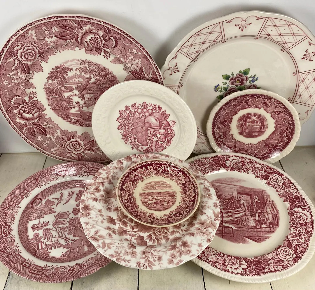 Set of 8 Mismatched PINK-RED Transferware Plates 4.75-10.25", Wall Grouping Varying Size Mix, Ara... | Etsy (US)