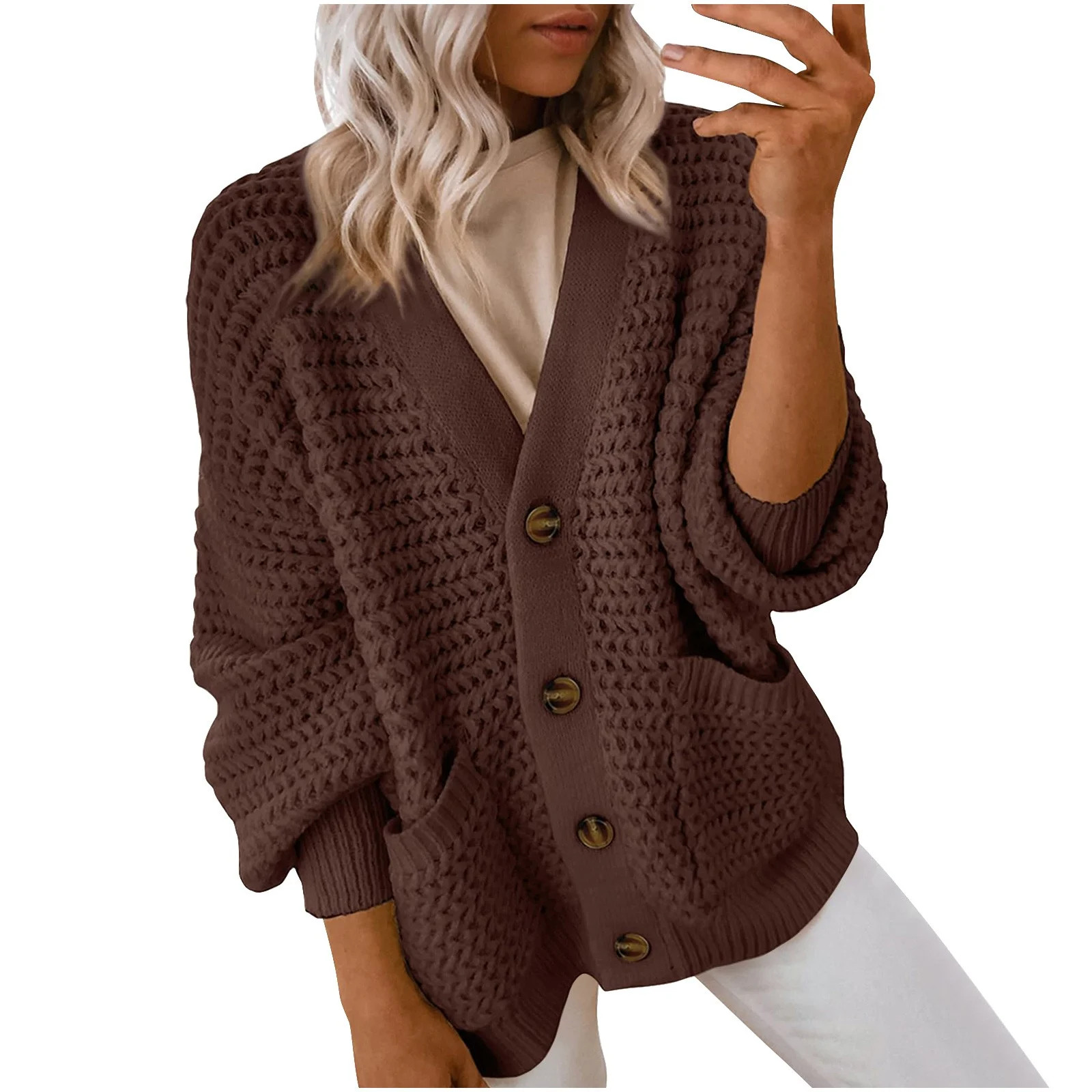 VEKDONE Women's Solid Color Casual Long Sleeved Thick Knit V-neck Sweater Cardigan Brown L | Walmart (CA)