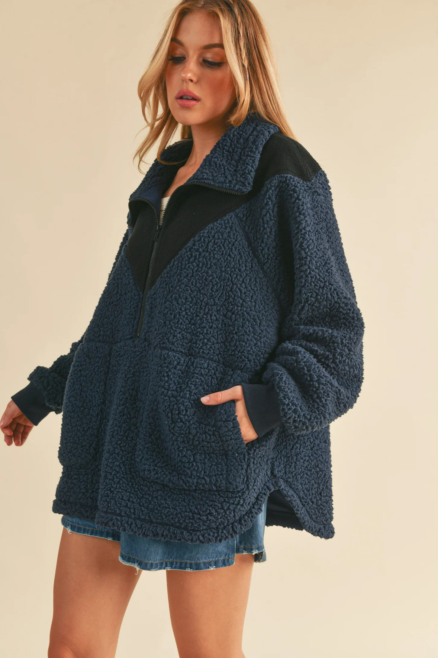 Navy Blue Colorblock Half Zip Fleece Pullover | PinkBlush Maternity