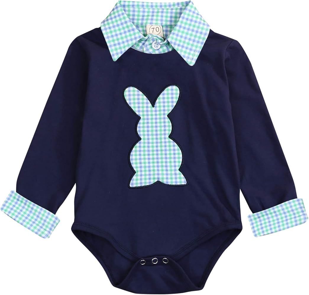 Newborn Baby Boy Girl Easter Outfit Plaid Stand Collar Rabbit Shirt Romper Unisex Jumpsuit Bodysu... | Amazon (US)