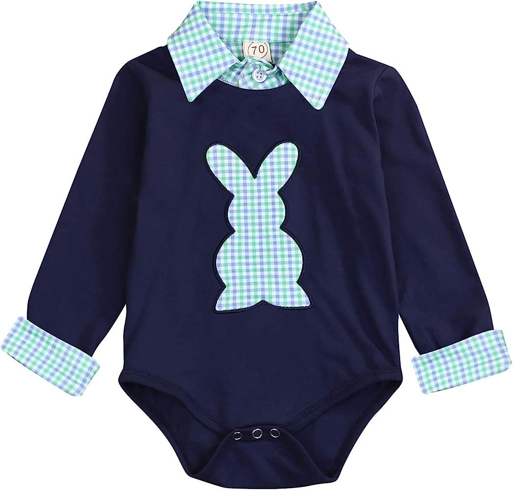 Newborn Baby Boy Girl Easter Outfit Plaid Stand Collar Rabbit Shirt Romper Unisex Jumpsuit Bodysu... | Amazon (US)