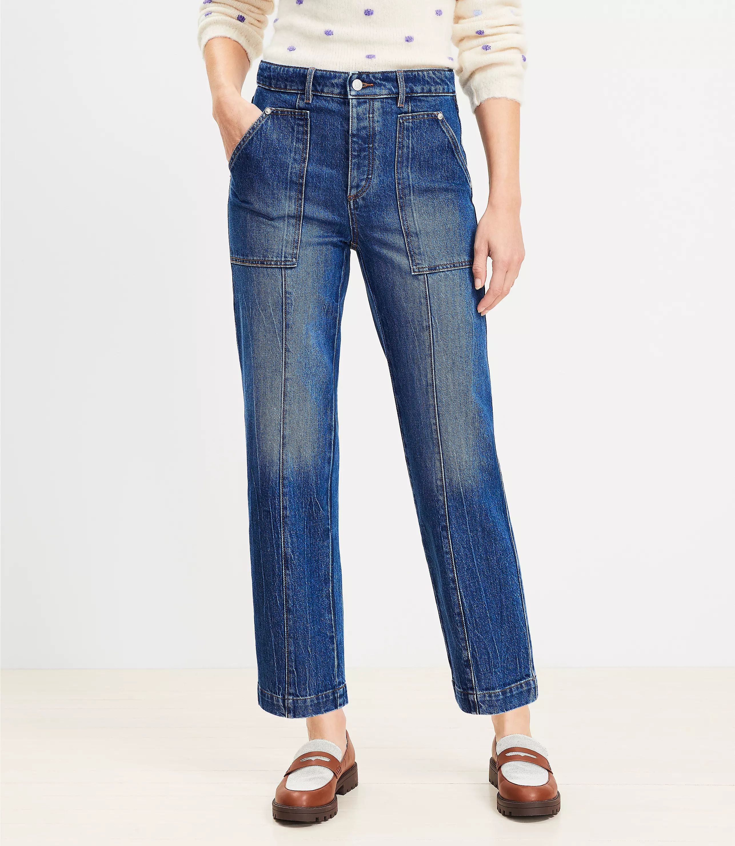 High Rise Utility Straight Jeans in Dark Stone Wash | LOFT