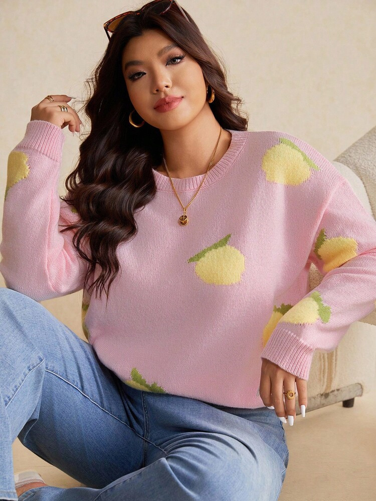 Elaquor Plus Size Casual Minimalist College Style Loose Lemon Graphic Pullover Sweater, Autumn/Winter Fall | SHEIN