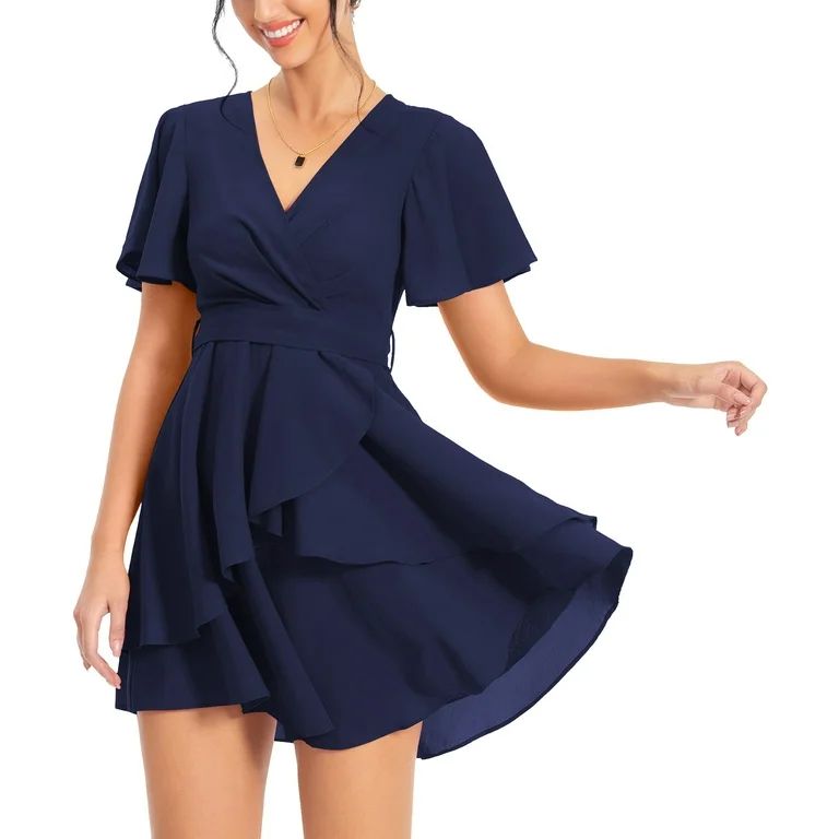 Aiyino Women's Dress Deep V-Neck Short Sleeve Waist Tie Ruffle Mini Swing Skater Dresses,Navy | Walmart (US)