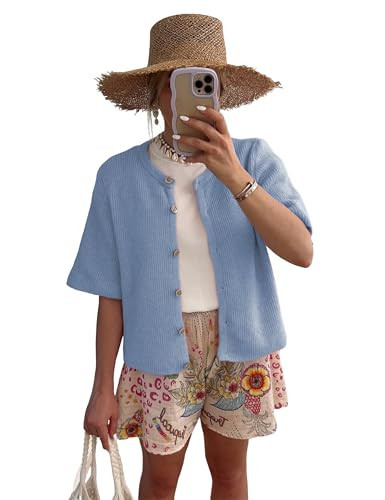 SCUSTY Women's Lightweight Cardigan Short Sleeve Button-Down Summer Cardigan Sweater(LightBlue-XL) | Amazon (US)