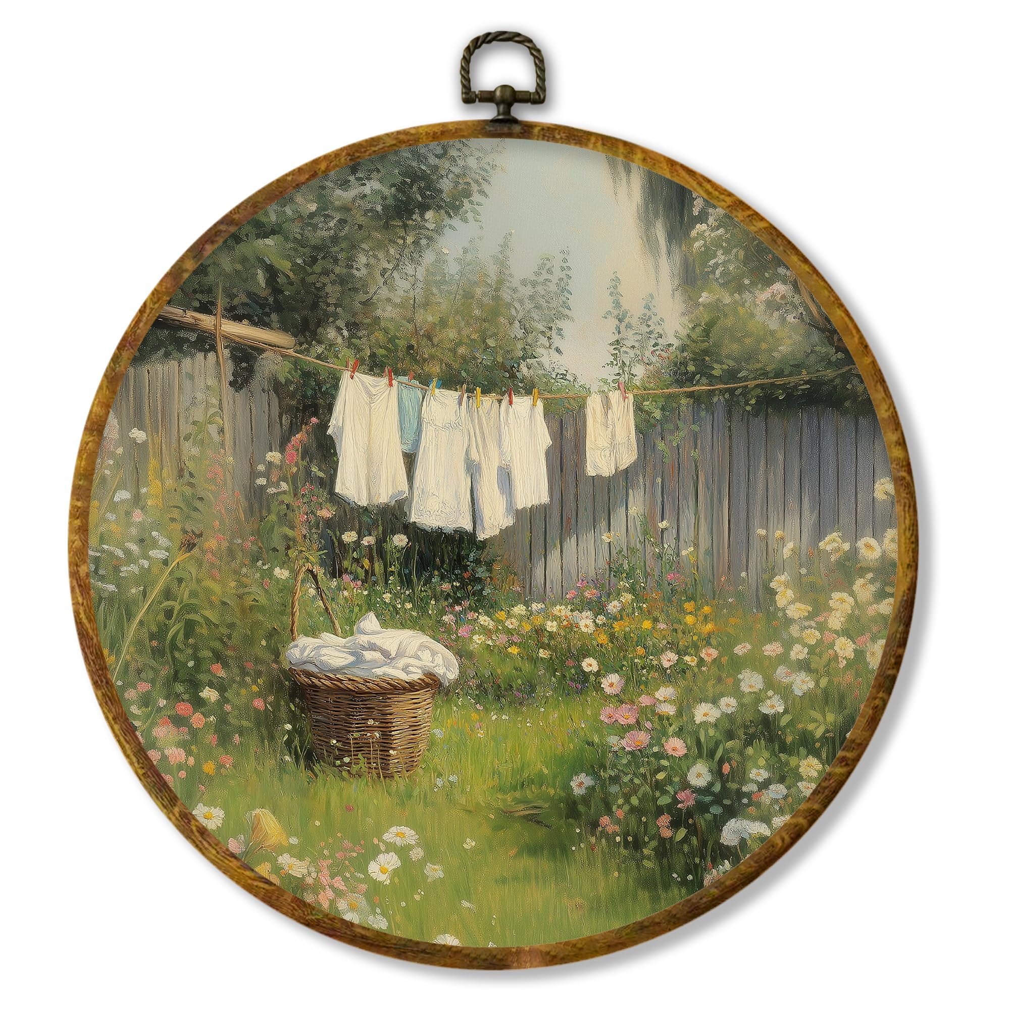 Hiuwevt French Country Cottagecore Laundry Day Farmhouse Round Wall Art Decor, xxx Framed Canvas ... | Amazon (US)