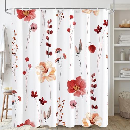 Gibelle Watercolor Floral Shower Curtain, Red Beige Flower Shower Curtain for Bathroom, Modern Minimalist Waterproof Fabric Shower Curtain Set 72x72 Inch | Amazon (US)