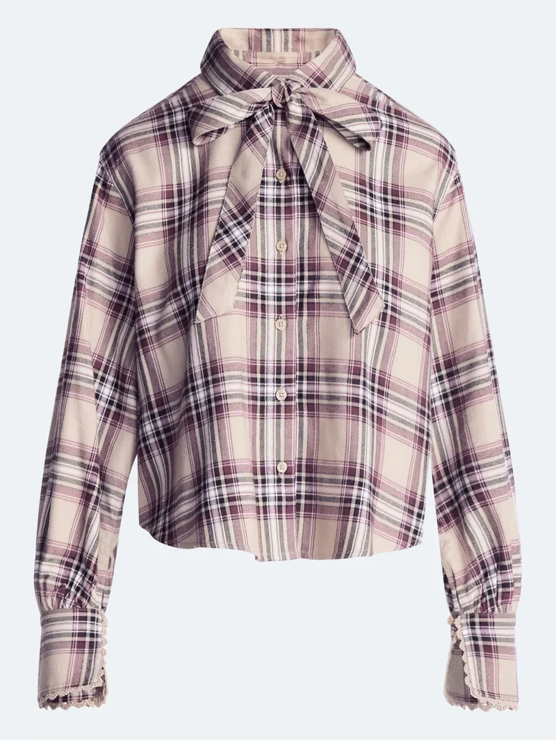 Scoop Women's and Women's Plus Plaid Bow Shirt, Sizes XS-4X | Walmart (US)