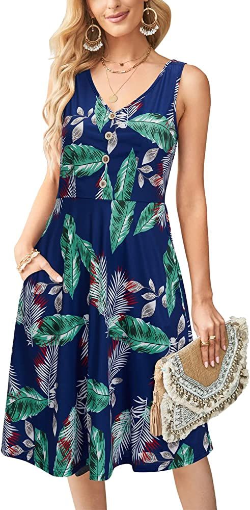 II ININ Women's 2023 Sundresses Casual Summer Tank Dress V Neck Sleeveless Button Down Midi Floral B | Amazon (US)