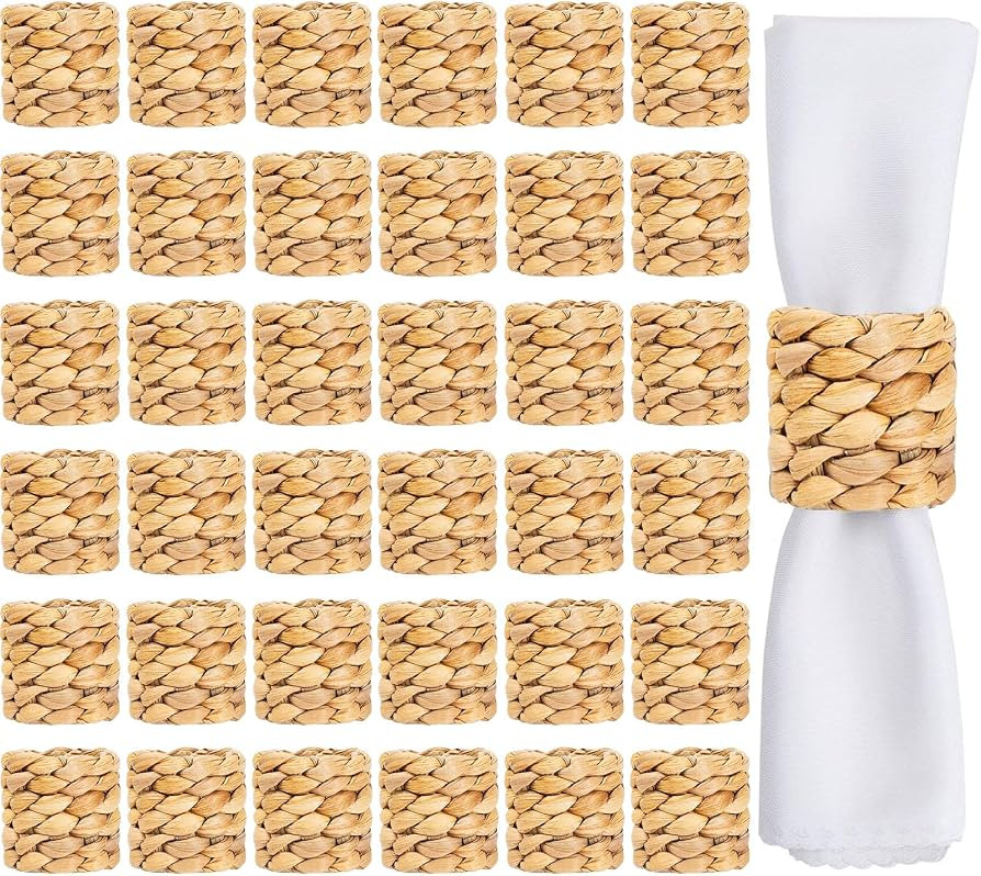 Hsei 36 Pcs Woven Napkin Rings Round Water Hyacinth Rattan Napkin Ring Bulk | Amazon (US)