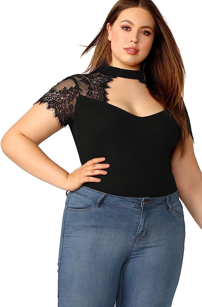 Romwe Women's Plus Size Chocker Lace Short Sleeve Deep Sweetheart Neck Slim Skinny Blouse Tops Sh... | Amazon (US)