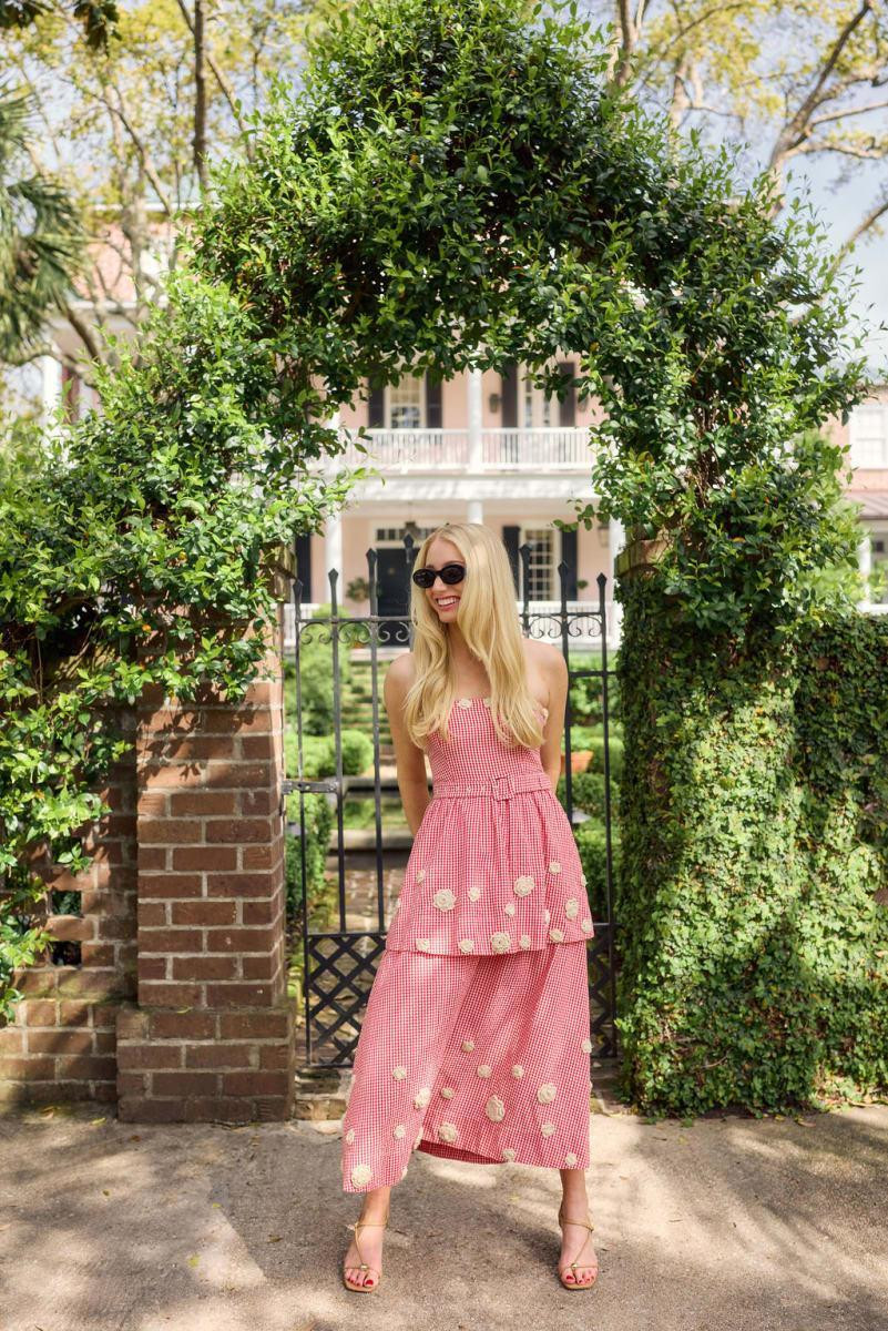 Daisy Dress X Rainey Collaboration - Red Gingham with Cream Crochet Ap | Eddy