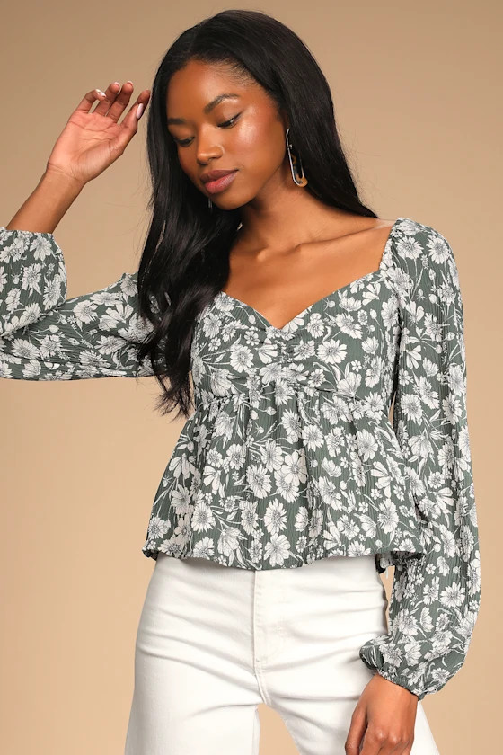 Let Your Love Blossom Sage Floral Print Long Sleeve Top | Lulus (US)